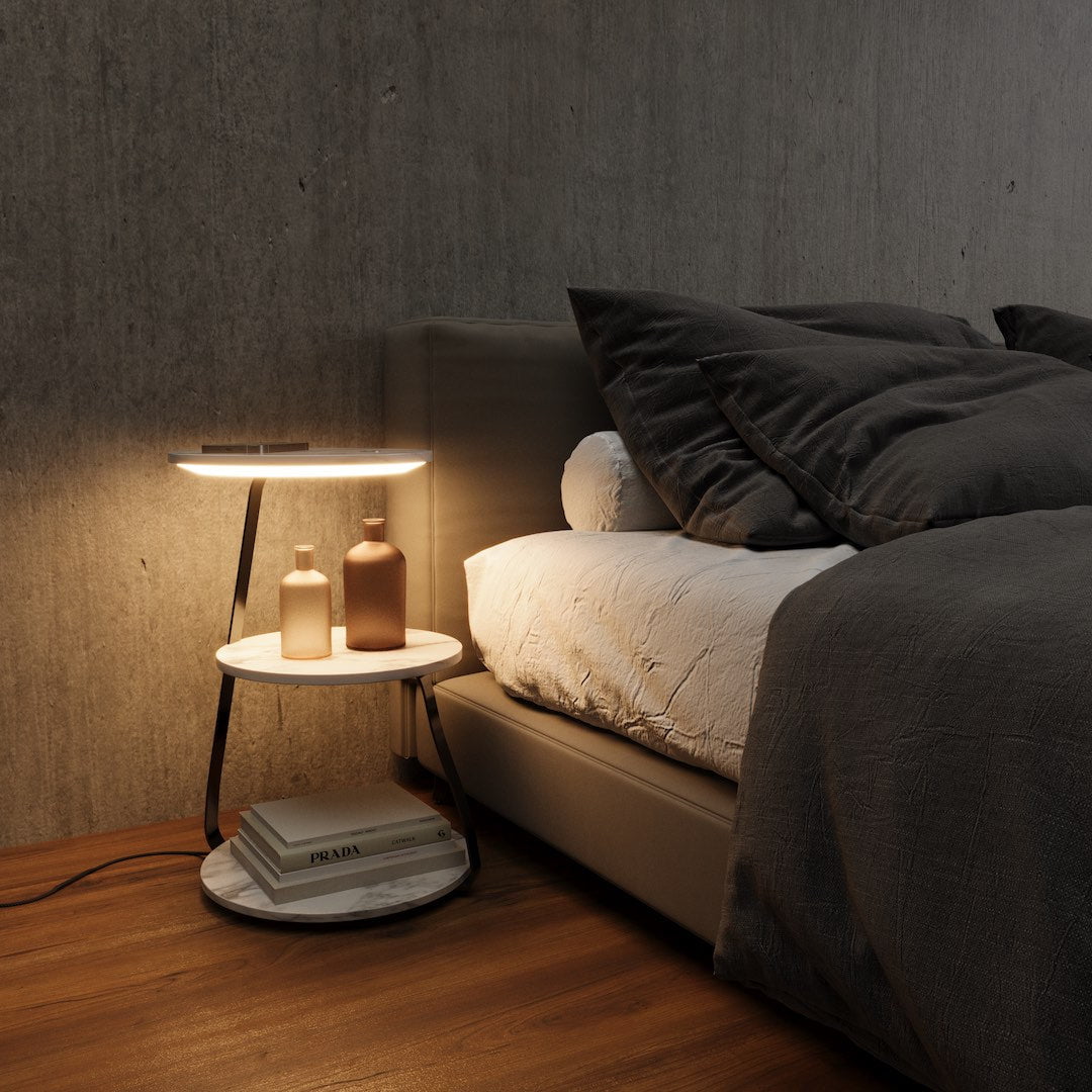 Stylish modern double-layer side table for bedroom storage & contemporary decor.