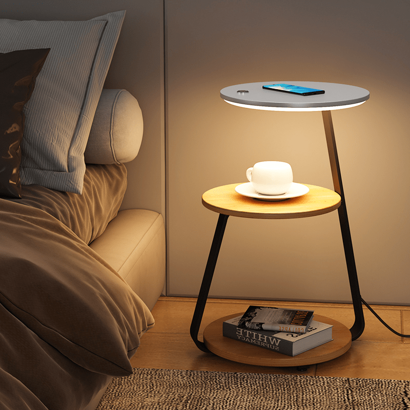 Contemporary double-layer end table with slate top & wood base for living room.