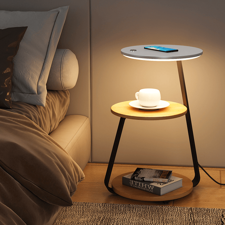 Contemporary double-layer end table with slate top & wood base for living room.