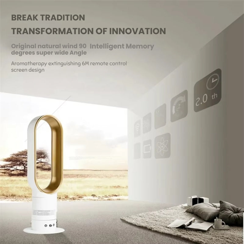 Sleek bladeless tower fan with remote control for energy-efficient, powerful air circulation in your smart home.