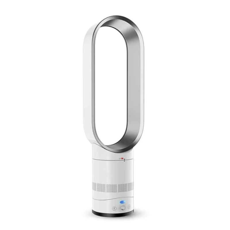 White bladeless tower fan, perfect for home comfort with quiet, energy-saving air circulation.