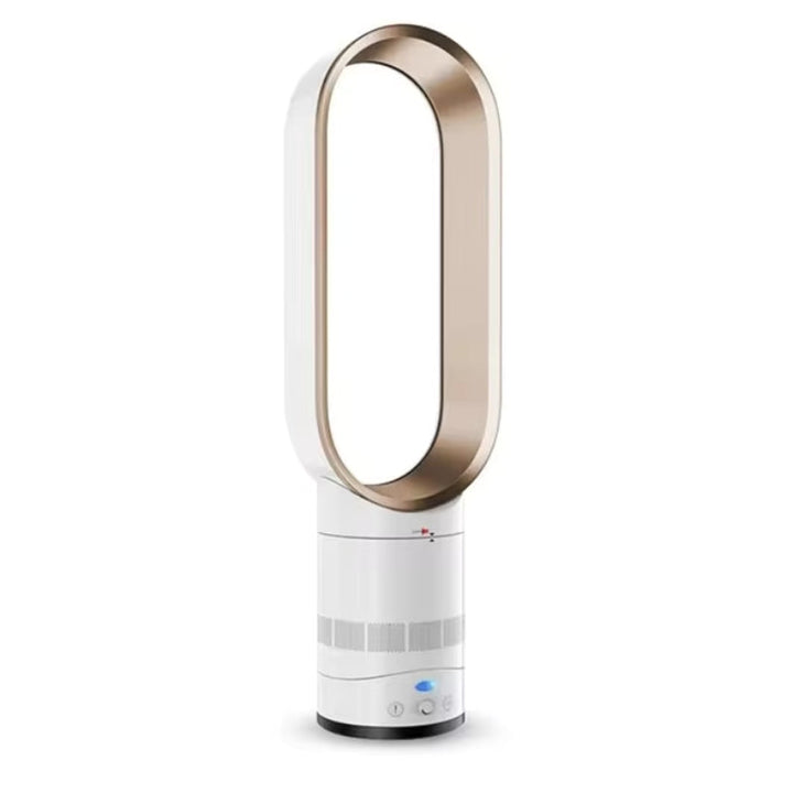 Stylish bladeless tower fan for bedrooms or living rooms, ensures safe and energy-efficient airflow with remote control.