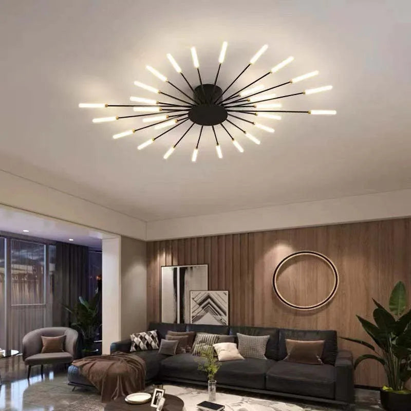 Modern Firework Flush Mount LED Ceiling Light, dimmable for ambient indoor home decor.