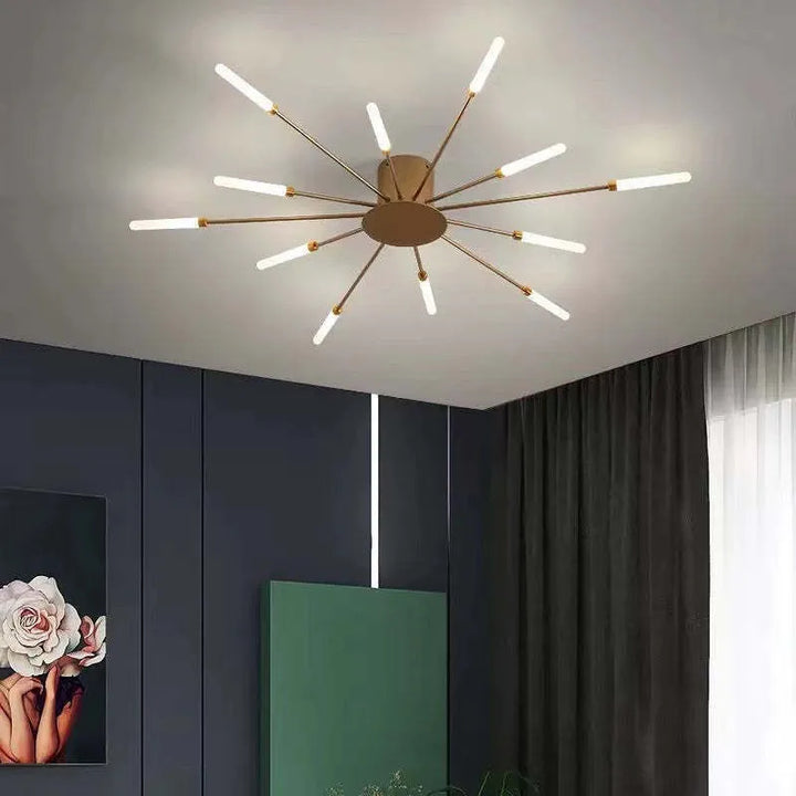 Modern Flush Mount LED Firework Ceiling Light, dimmable, gold/black, decorative indoor home lighting.