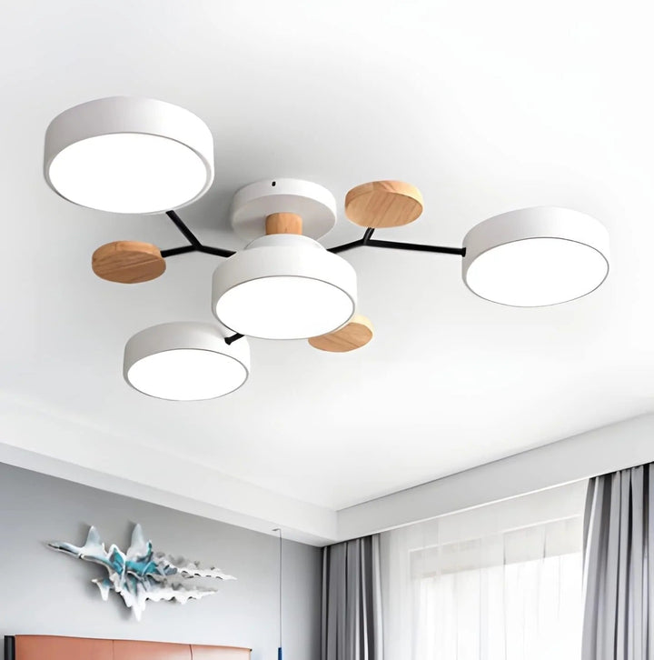 Unique halo design LED semi-flush light, modern aesthetic.