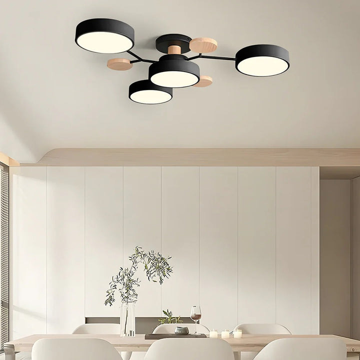 Sleek LED semi-flush mount, modern living room lighting.