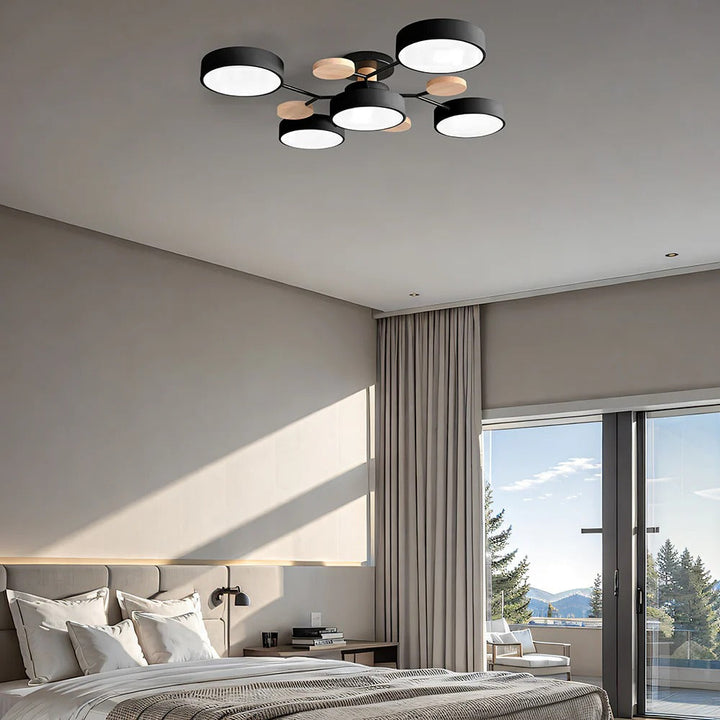 Semi-flush LED light with modern halo design, home upgrade.