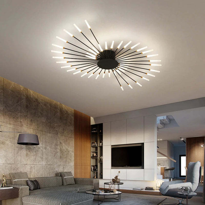 Modern LED ceiling chandelier with stunning gold fireworks design for luxury home decor.