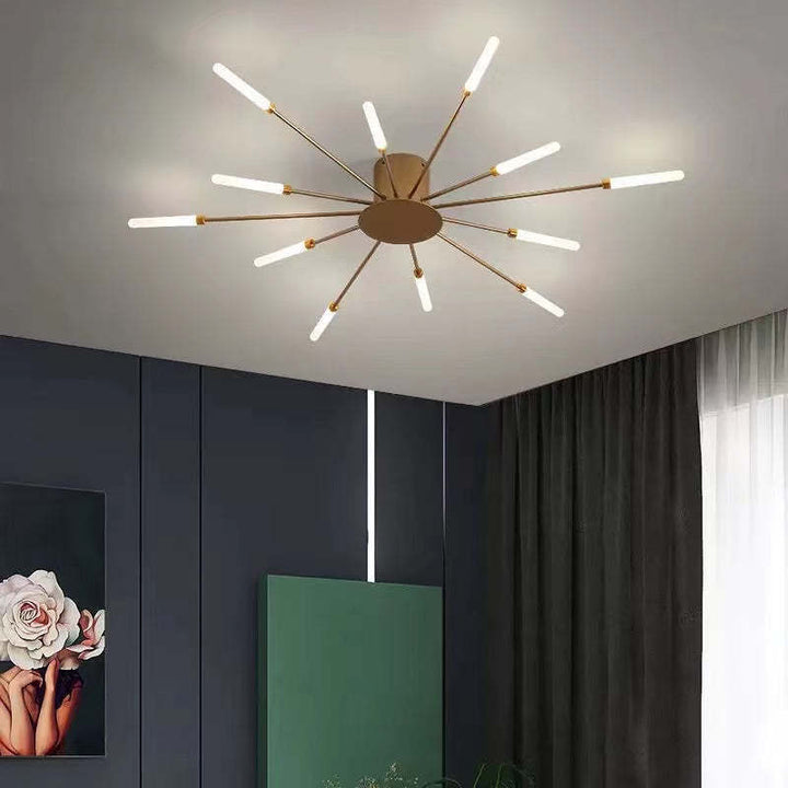 Sleek black modern LED chandelier, intricate fireworks burst design, energy-efficient.