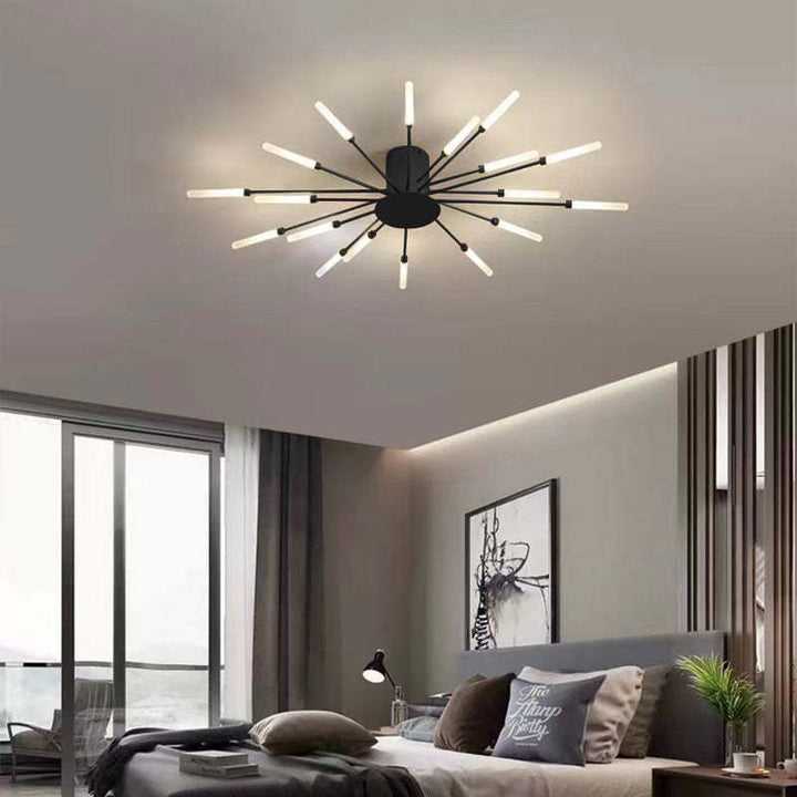 Gold modern LED ceiling chandelier, stunning fireworks display, provides ambient light.