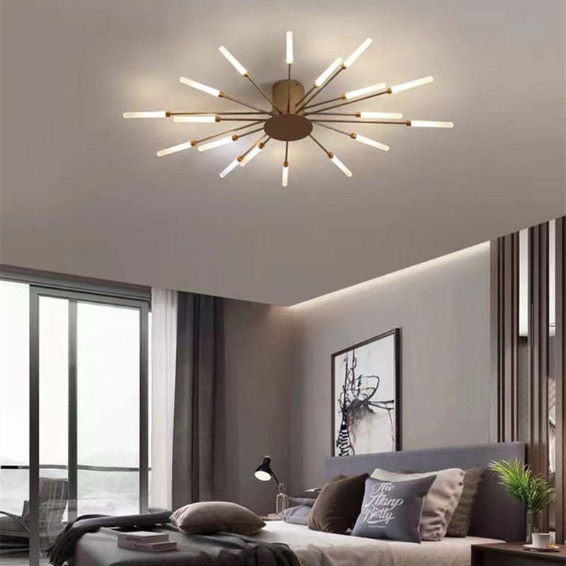 Contemporary black LED chandelier, abstract fireworks design, offers dimmable light.