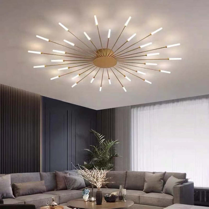 Beautiful gold LED modern ceiling lamp, intricate fireworks pattern lighting for any room.
