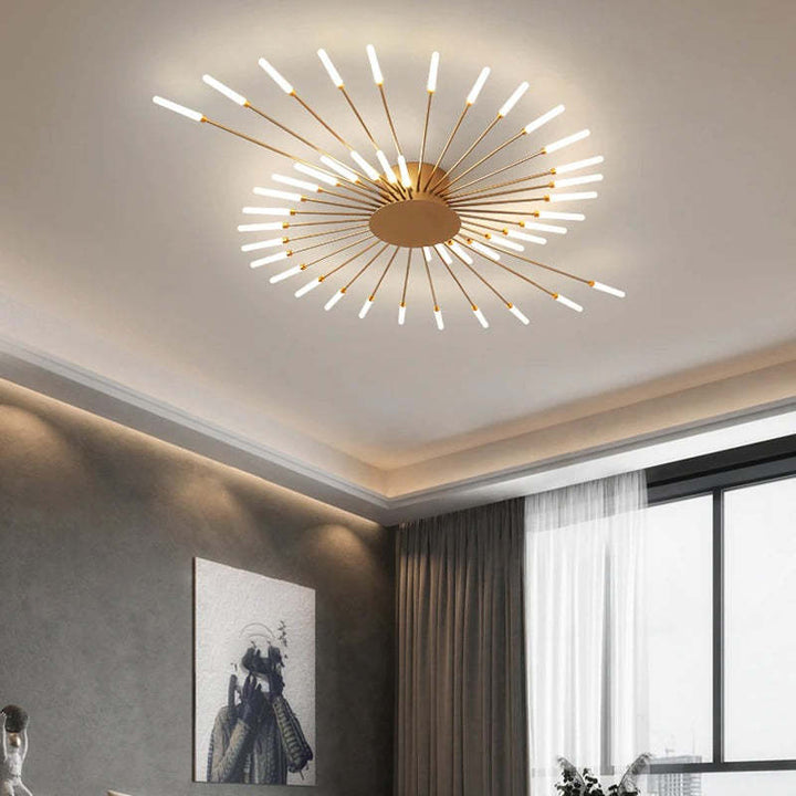 Dimmable LED ceiling lamp, modern fireworks design for ambient home decor and lighting.