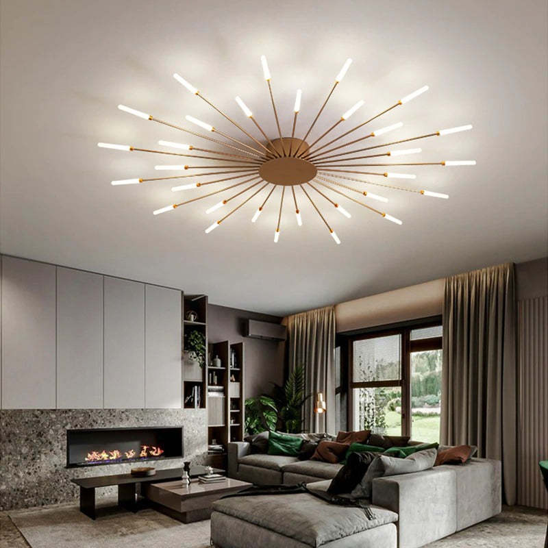 Elegant modern LED ceiling lamp with a unique fireworks burst design, dimmable feature.