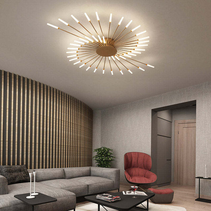 Dimmable black LED ceiling chandelier, modern fireworks style for contemporary home decor.