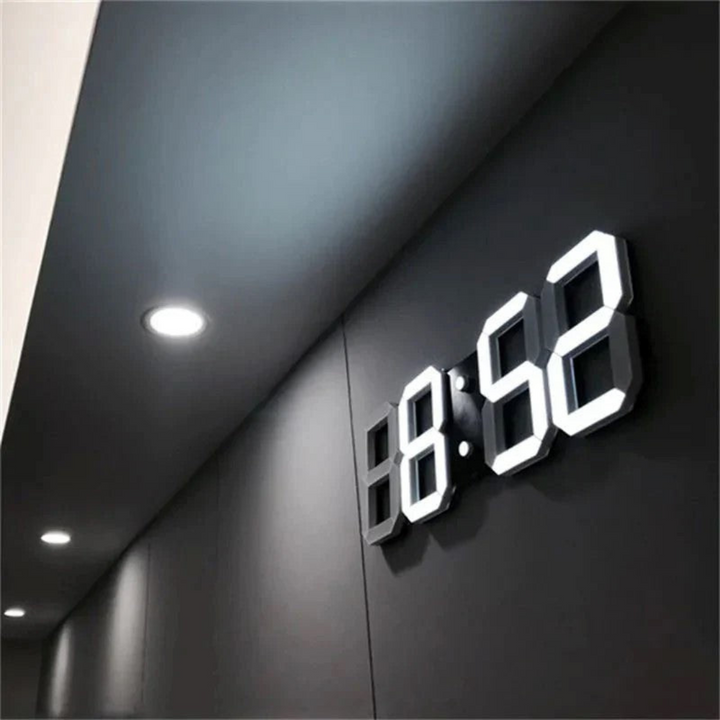 Modern LED wall clock with digital time display, minimalist design for home decor. Futuristic & sleek.