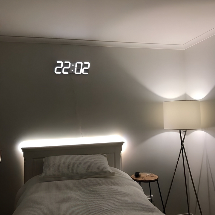 Futuristic LED wall clock showing digital time and temperature, smart display for modern office.
