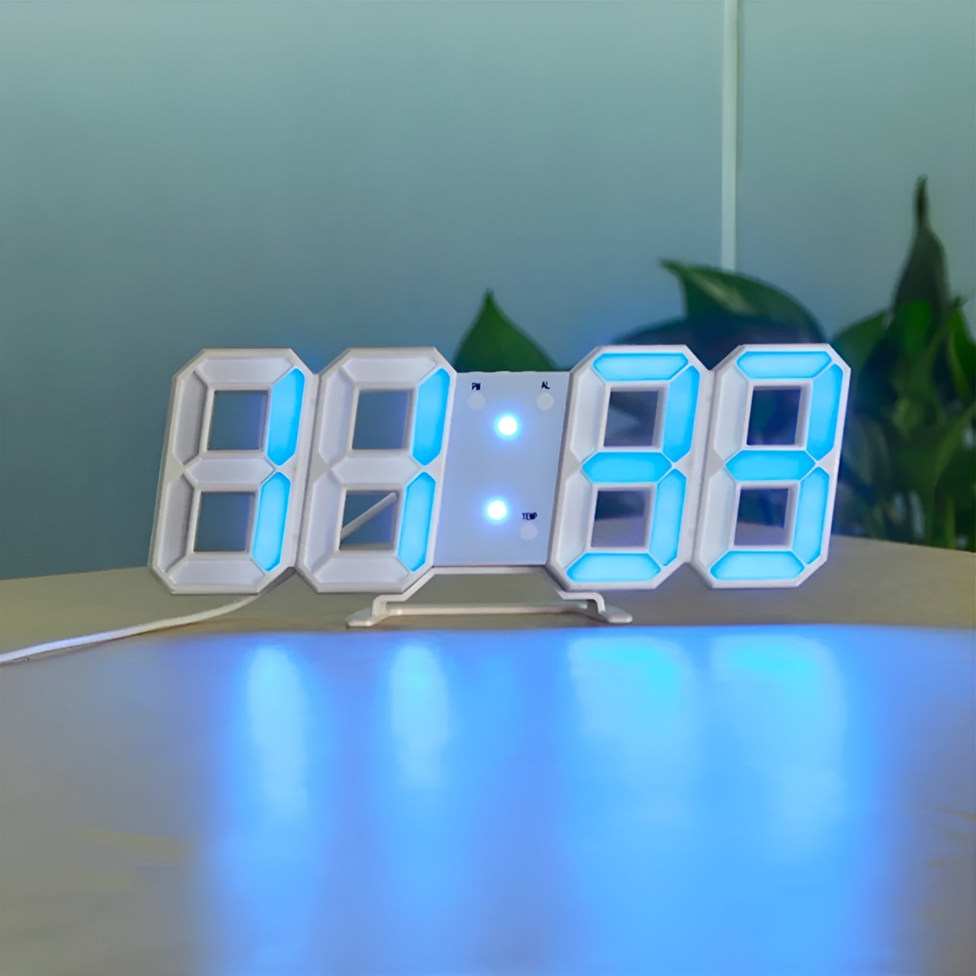 Minimalist LED digital wall clock, contemporary design enhances modern living space or office decor.