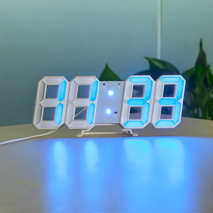 Minimalist LED digital wall clock, contemporary design enhances modern living space or office decor.