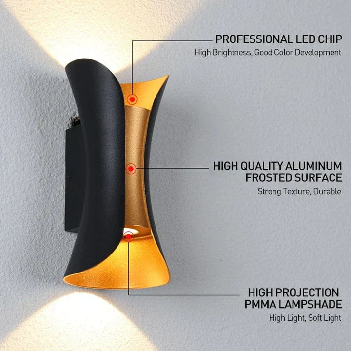 Contemporary LED wall light, waterproof, perfect for modern indoor and outdoor home accent lighting.