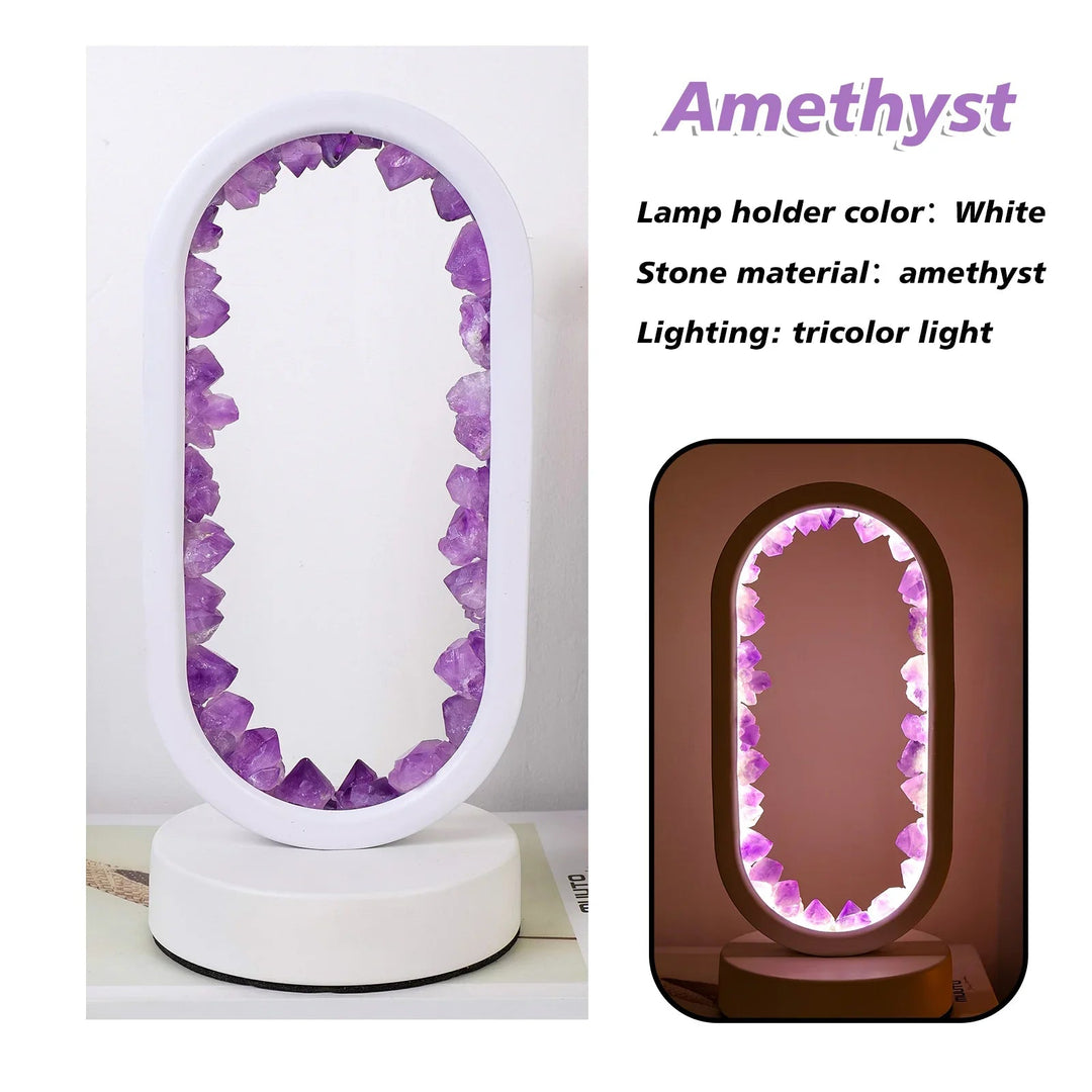 Amethyst crystal LED table lamp, modern oval design. Provides soft ambient light for a serene space.