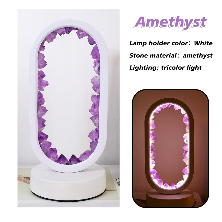 Amethyst crystal LED table lamp, modern oval design. Provides soft ambient light for a serene space.