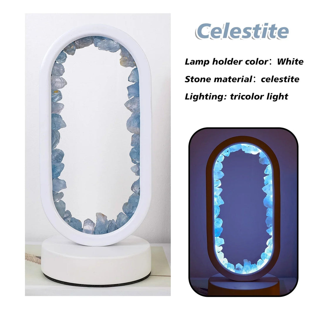 Sleek oval crystal LED lamp for bedside or office. Natural stone elements & soft LED illumination.