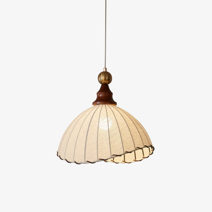 Sculptural pleated fabric ceiling lamp, gold accents, ideal modern lighting solution.