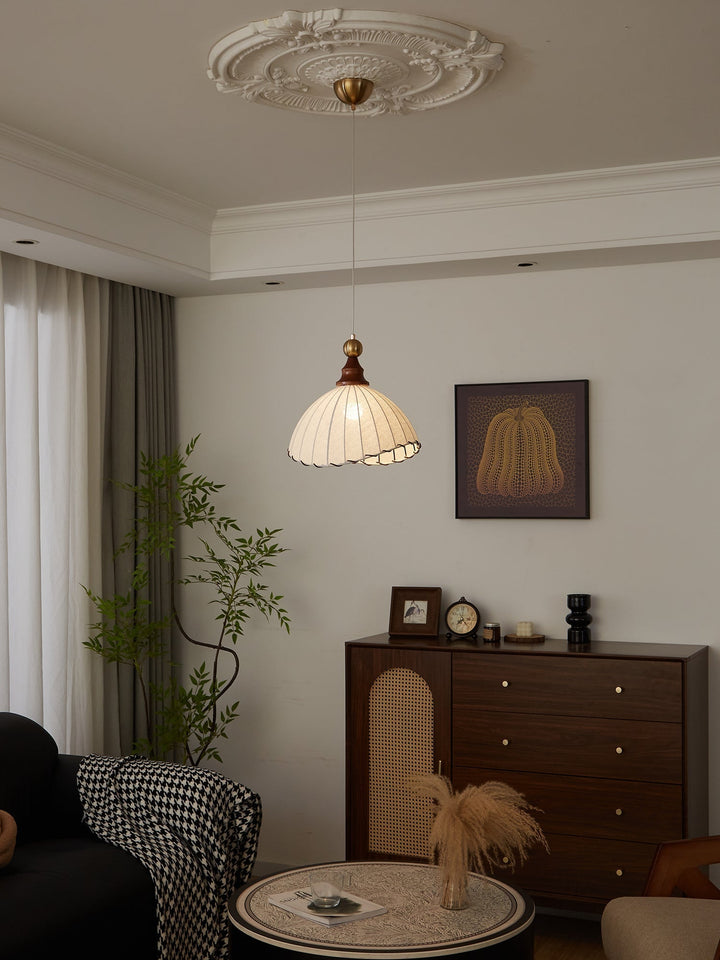 Fabric shade modern pendant lamp, gold finish and elegant pleats.