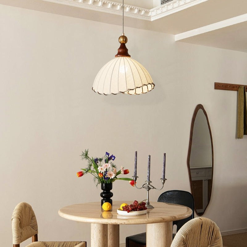 Gold finish modern lighting: pleated fabric pendant lamp, elegant home decor.