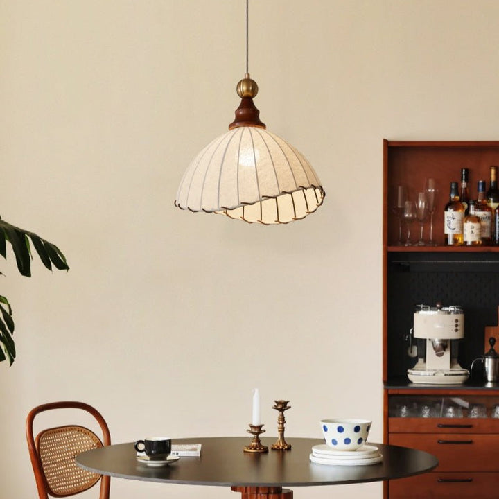 Adjustable pleated fabric pendant light, wood accent, modern home decor.