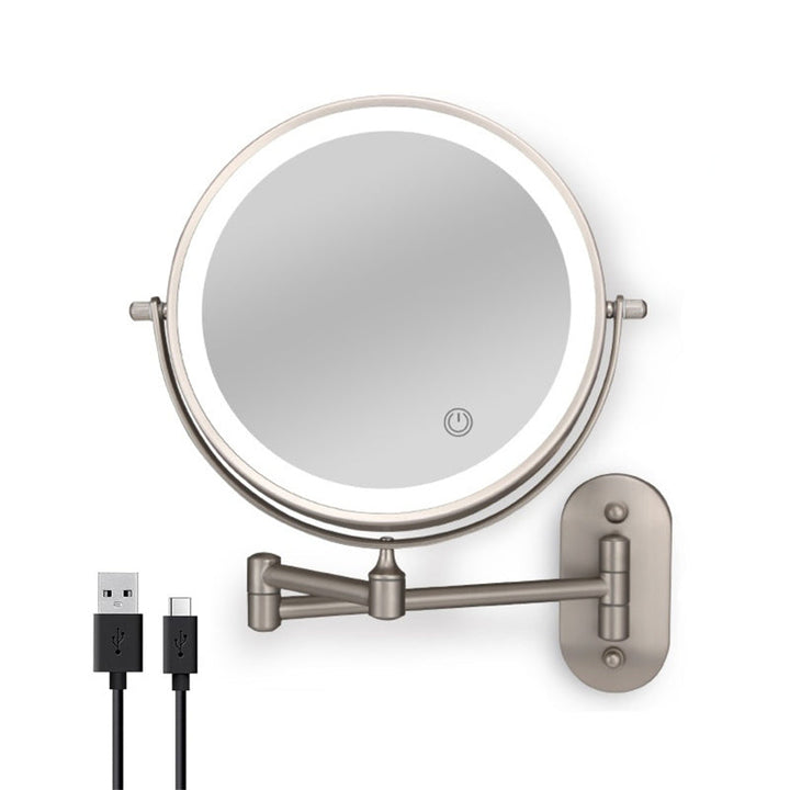 Contemporary wall-mounted LED mirror, rechargeable, designed for unisex grooming needs.