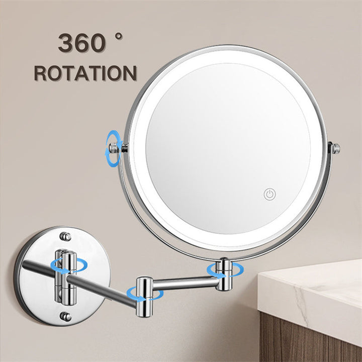 Bathroom LED mirror, wall-mounted & rechargeable, great for shaving and beauty routines.