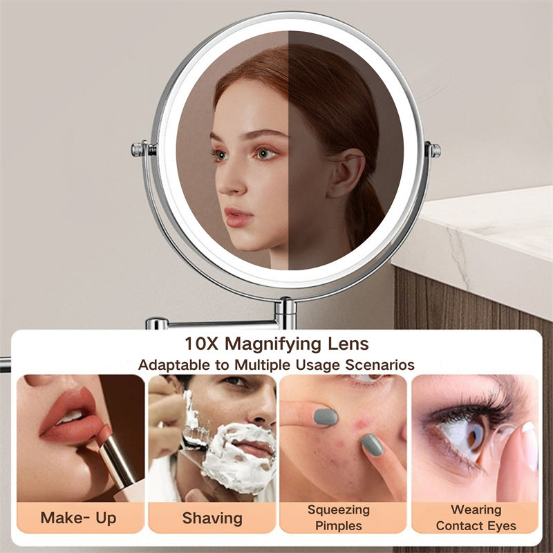 Rechargeable LED shaving mirror, wall-mounted, perfect for unisex grooming in a modern bathroom.