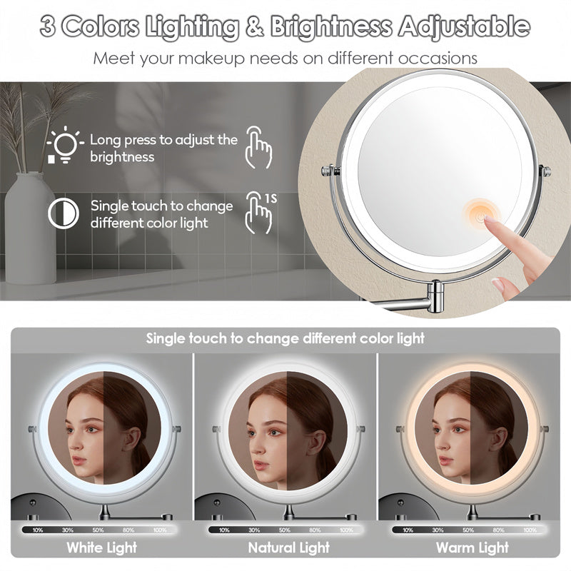 Unisex LED makeup & shaving mirror, wall-mounted & rechargeable, for detailed grooming.