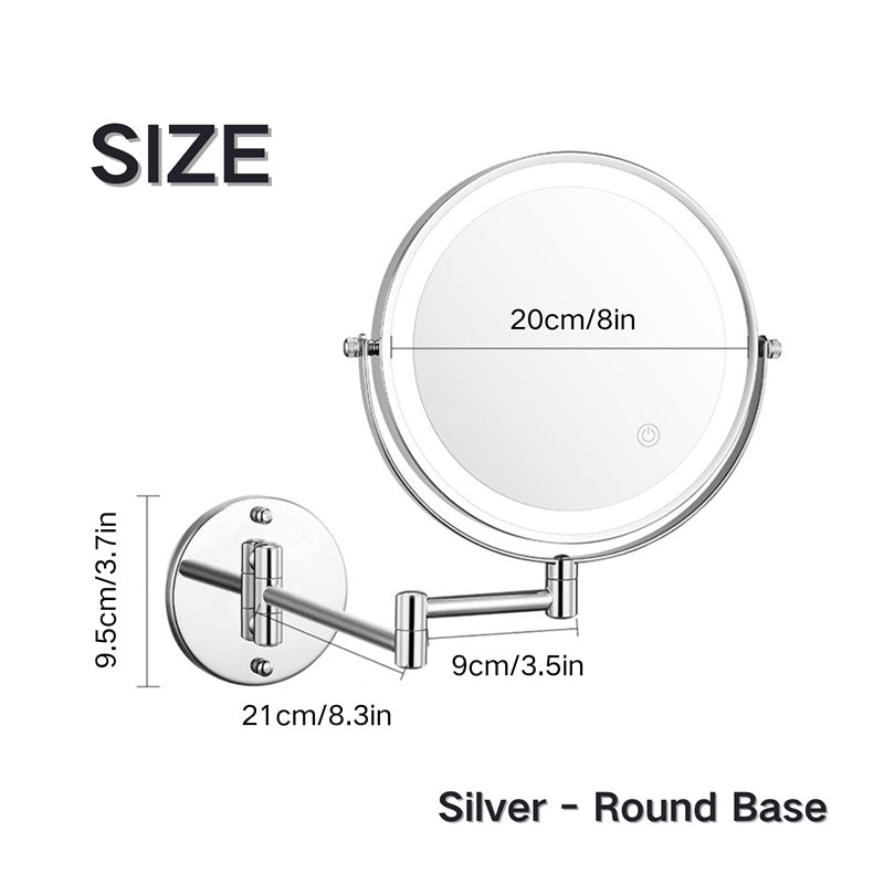 Elegant magnified LED shaving mirror, wall-mounted, ideal for beauty and precise grooming.