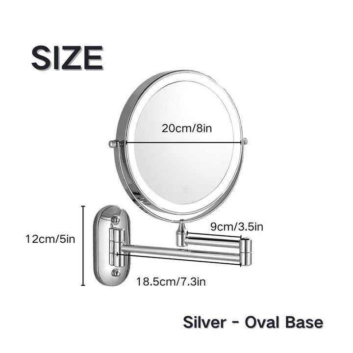 Modern wall-mounted rechargeable LED mirror for convenient shaving, makeup, and beauty.