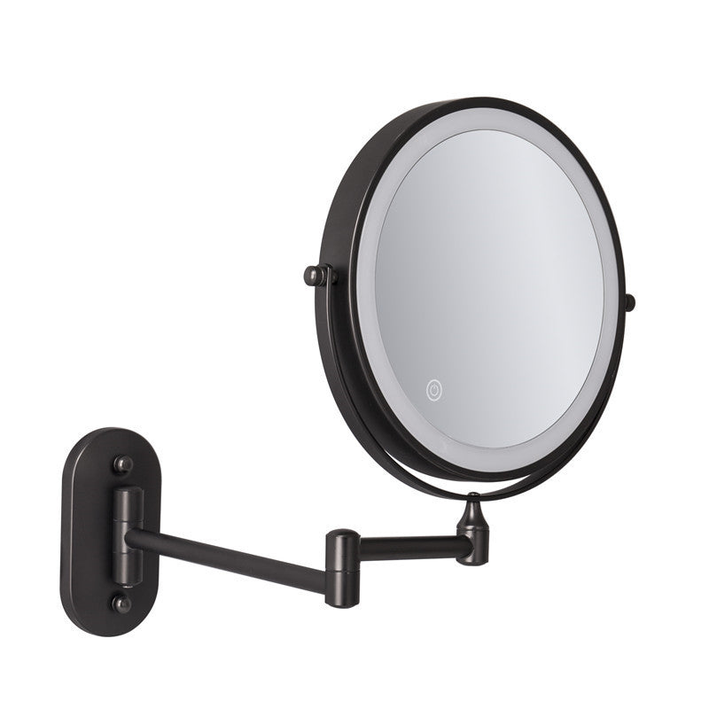 Round LED grooming mirror, rechargeable & wall-mounted, enhancing modern bathroom decor.