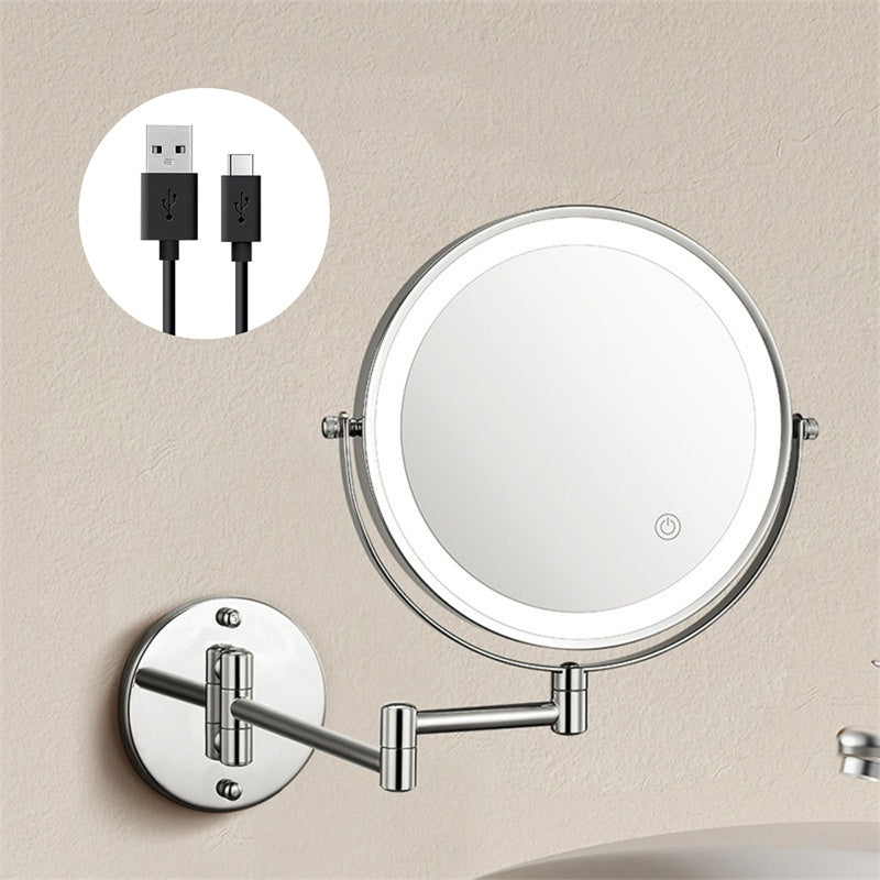 Sleek wall-mounted rechargeable LED mirror, essential for modern bathroom grooming routines.
