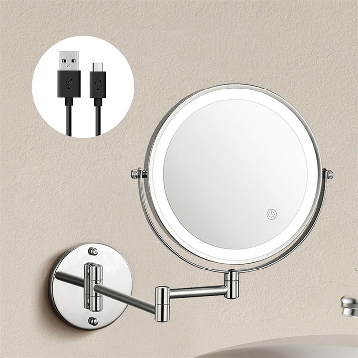 Sleek wall-mounted rechargeable LED mirror, essential for modern bathroom grooming routines.