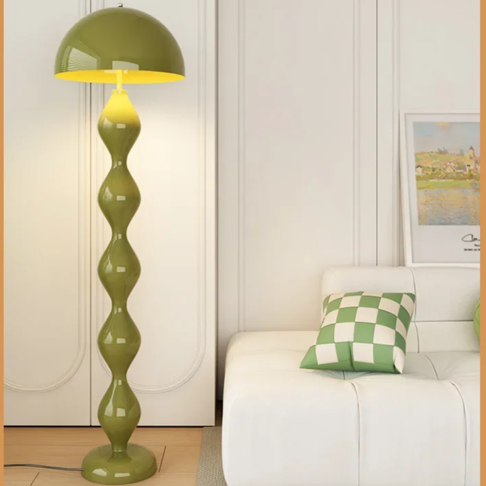 "Modern Scandinavian floor lamp with sleek metal frame and glowing shade in minimalist design for contemporary home decor."