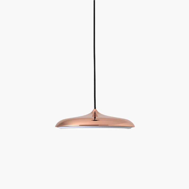 Modern white LED pendant, minimalist design, perfect for a Scandinavian-themed space.