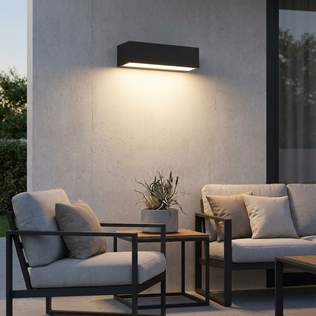 Sleek minimalistic solar outdoor wall lamp, LED, ideal for modern garden & patio lighting.
