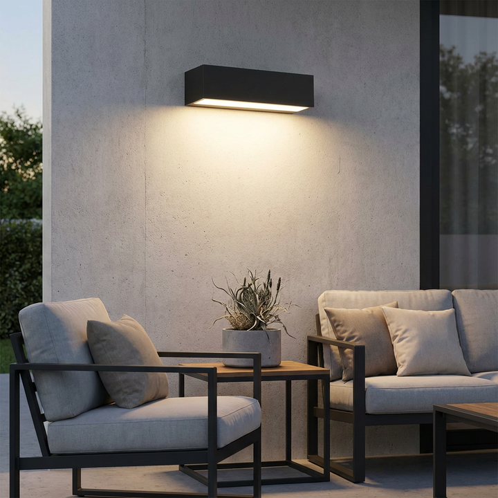 Sleek minimalistic solar outdoor wall lamp, LED, ideal for modern garden & patio lighting.
