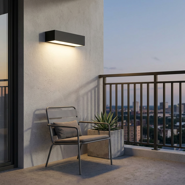 Wireless energy-efficient solar LED wall light for exterior facades & pathways. IP65 waterproof design.