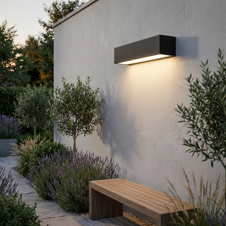 No-wire modern solar LED wall light for easy exterior installation on facades, patios & pathways.