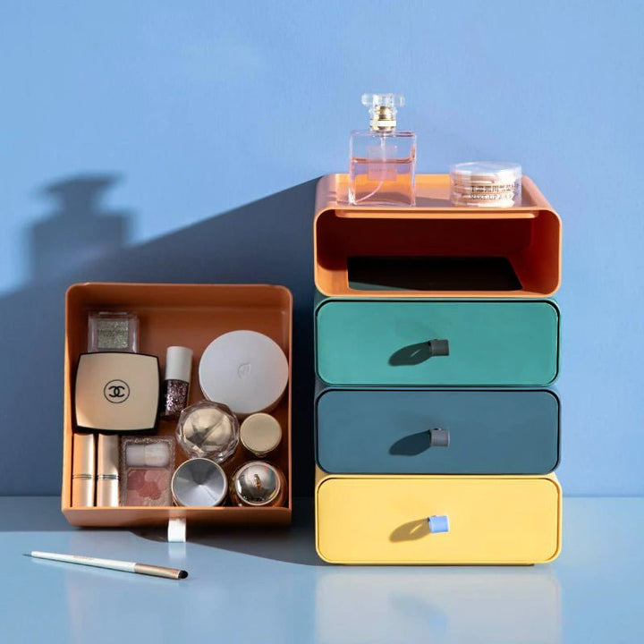 Modern stackable storage boxes with pull-out drawers for organized home, office, or bedroom spaces.