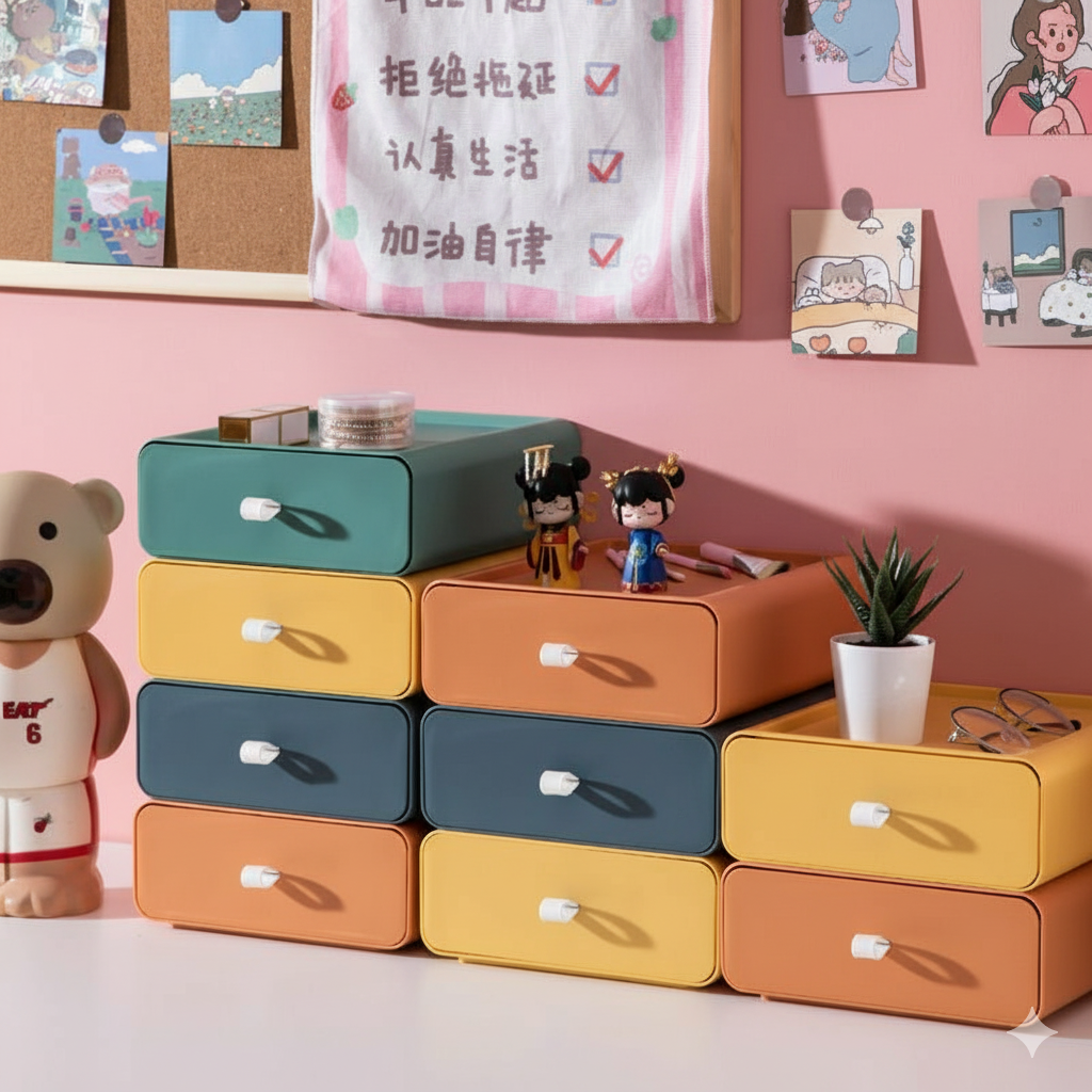 Stylish plastic stackable organizer boxes with drawers for decluttering any room, perfect for home & office.