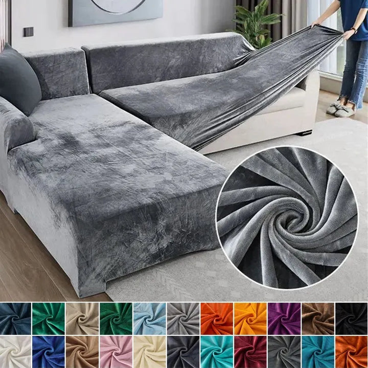 Elasticized sofa slipcover in neutral taupe, excellent for stain resistance & pets.