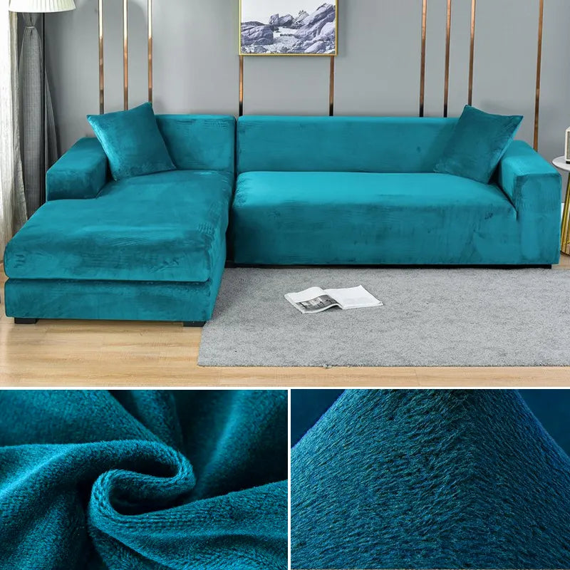 Stylish dark blue stretch sofa cover, pet-friendly furniture protector for modern homes.